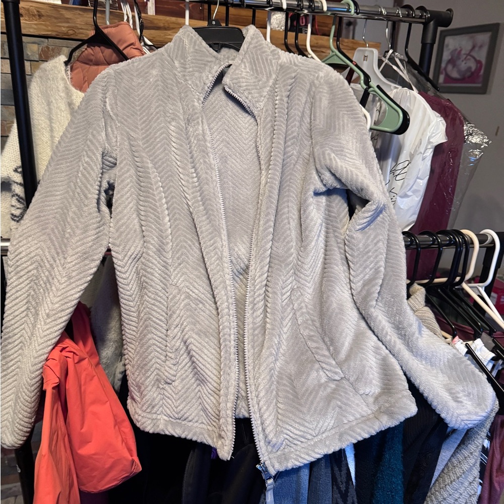 Plush Chevron Zip Jacket in Light Gray - Women's Teddy Coat